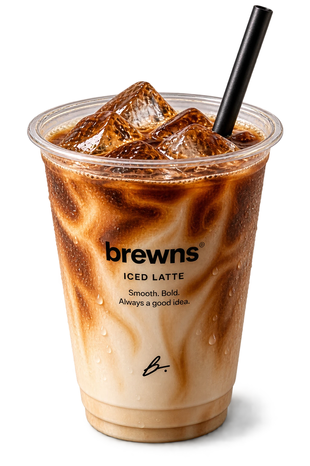 A brewns iced latte in a clear cup